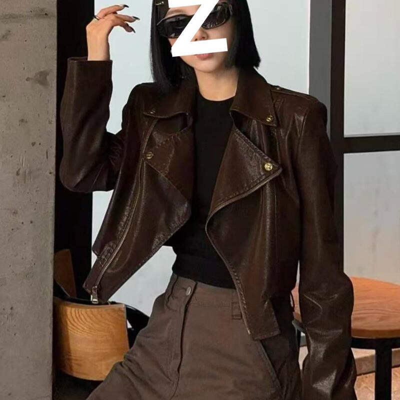 Maillard Outfit Coffee-Colored Leather Jacket for Women 2025 Autumn New Petite Short Biker Jacket Top
