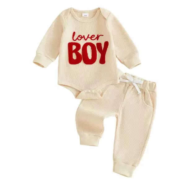 Infant Casual Style Romper Set: Waffle Letter Embroidered Towel Romper + Long Pants Baby Outing Outfit