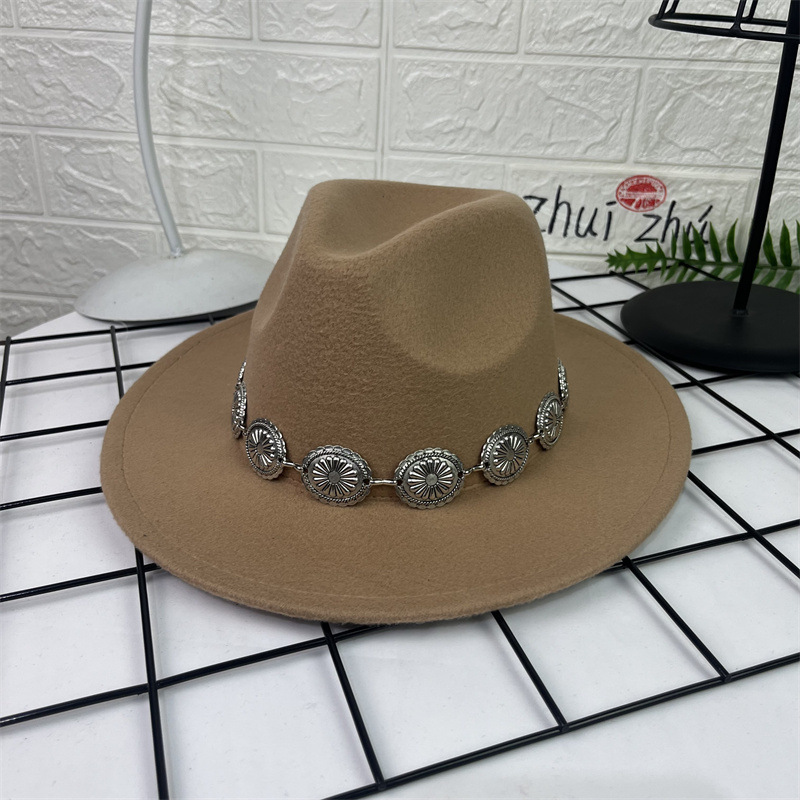 Sombrero de lana europeo y americano sombrero de fieltro de estilo británico decoración de cadena ovalada AliExpress sombrero de jazz borde plano sombrero superior para hombres