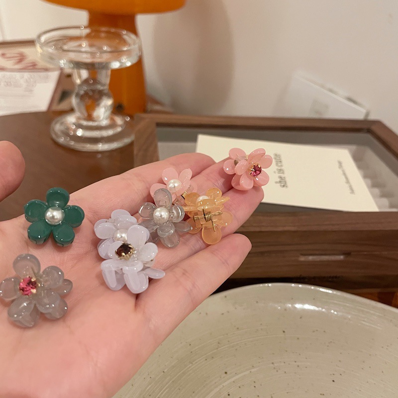 Korean Pink Girl Ins Blogger Simple Style Cute Flower Colored Diamond Pearl Mini Princess Head Bangs Hair Grab