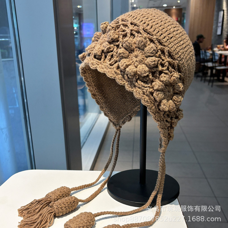 波西米亚风复古手工钩花针织套头帽女秋冬川西旅游保暖护耳毛线帽|undefined