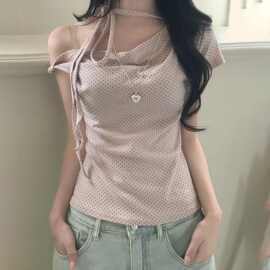 韩系纯欲少女波点系带露肩短袖T恤女夏季修身收腰百搭辣妹上衣潮