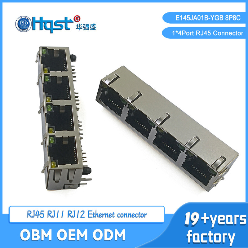 Rj45 Short 4-Port Dual-Light Shielded Connector with Spring-Loaded 90-Degree Horizontal Network Connector Female Socket E145Ja01B-Ygb