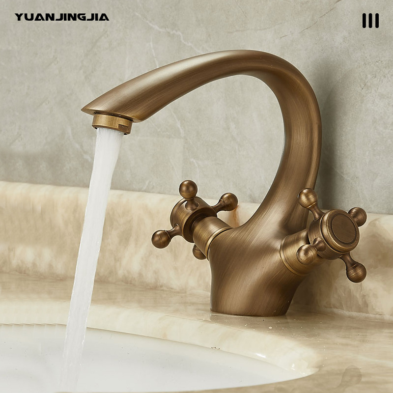 Retro European-Style Copper Faucet for Bathroom Vanity, Household Washbasin Single-Hole Hot and Cold Dual-Handle Faucet Retro European-Style Copper Faucet for Bathroom Vanity, Household Washbasin Single-Hole Hot and Cold Dual-Handle Faucet