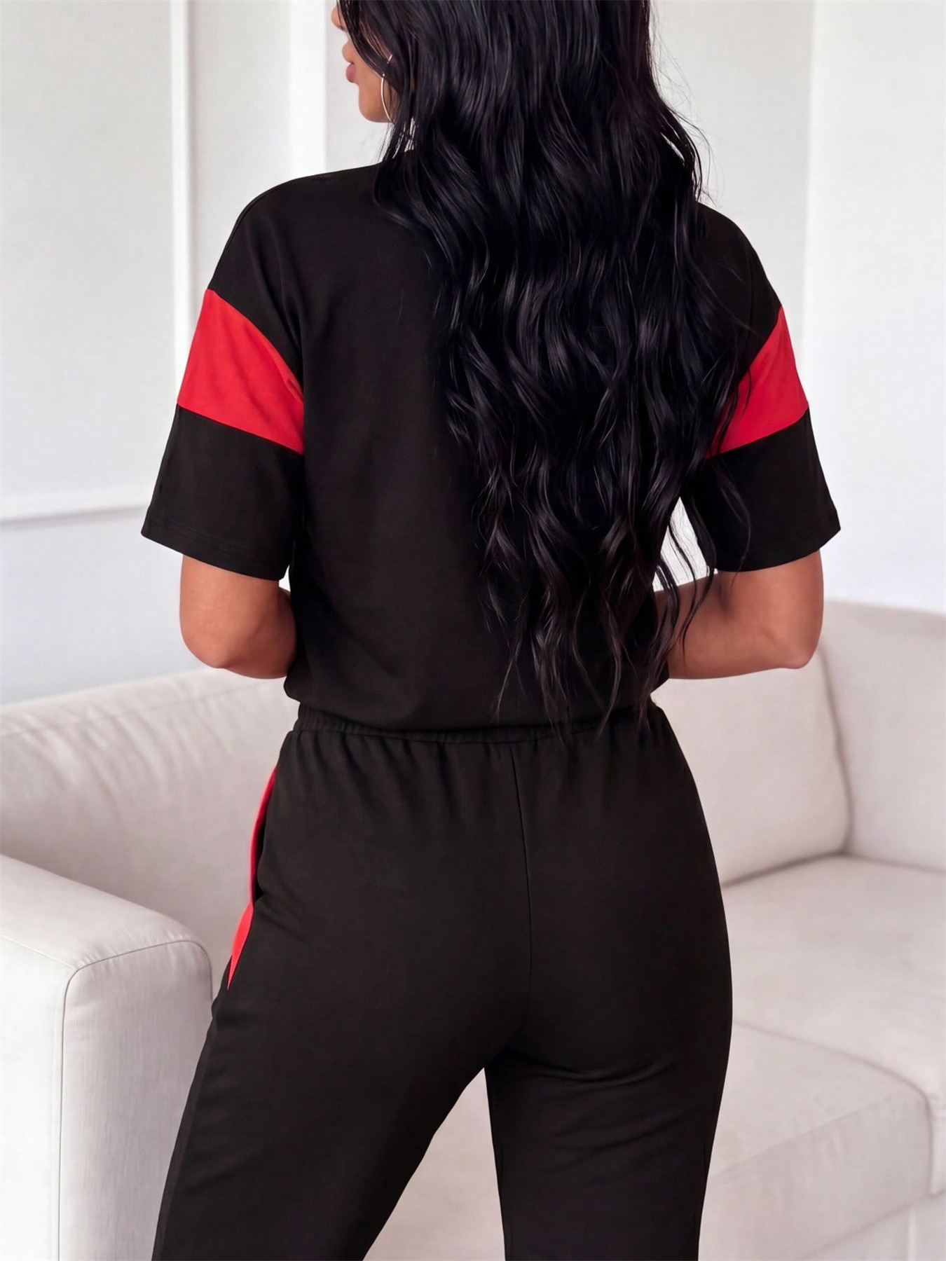 Women's Sporty Color Block Letter Print Top with High Waisted Trousers Casual Set Spring/Summer Short Sleeved Pant Outfit_ecoleips.com