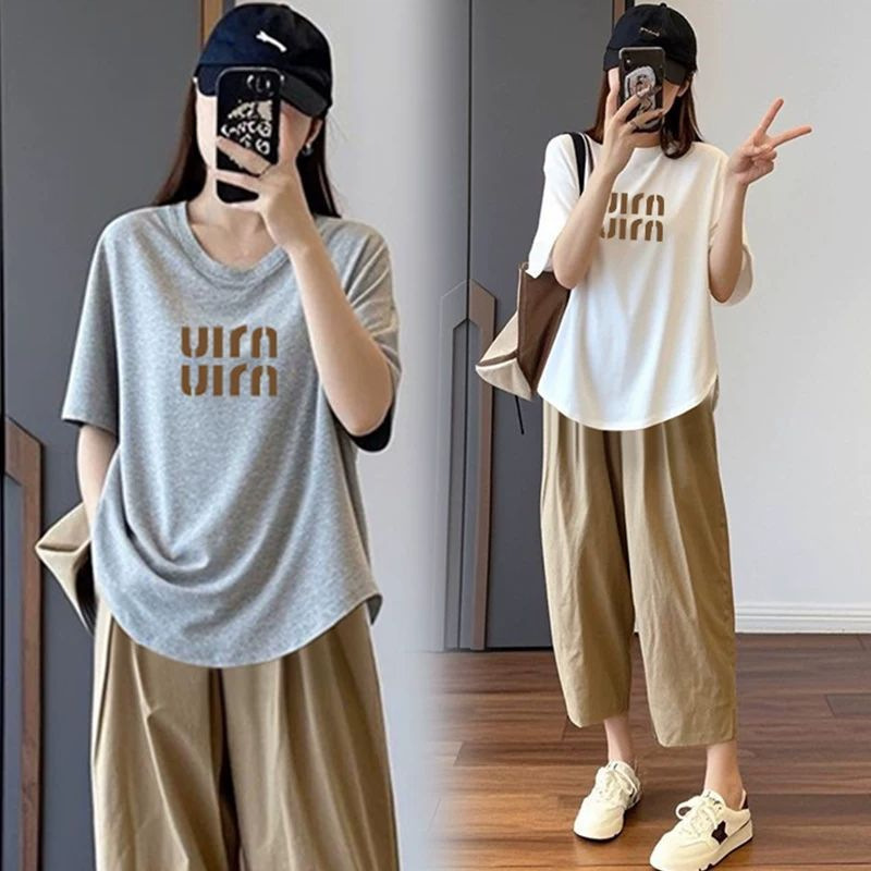 Maternity T-Shirt Set 2026 New Style Simple Letter Print Casual Set Summer Thin Short-Sleeve Top Two-Piece Set