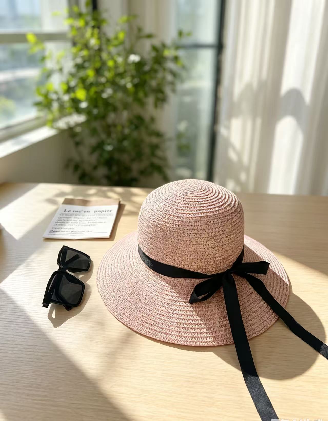 Sombrero de paja para el sol de verano para mujer con lazo de cinta negra, sombrero de ala ancha, sombrero tipo cubo para adultos, sombrero de protección solar para mujer con ala ancha.
