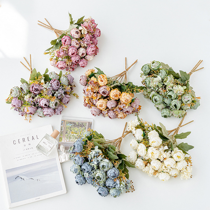 5杈烤邊復古牡丹繡球小把花束假花仿真花絹花批發客廳裝飾花插花