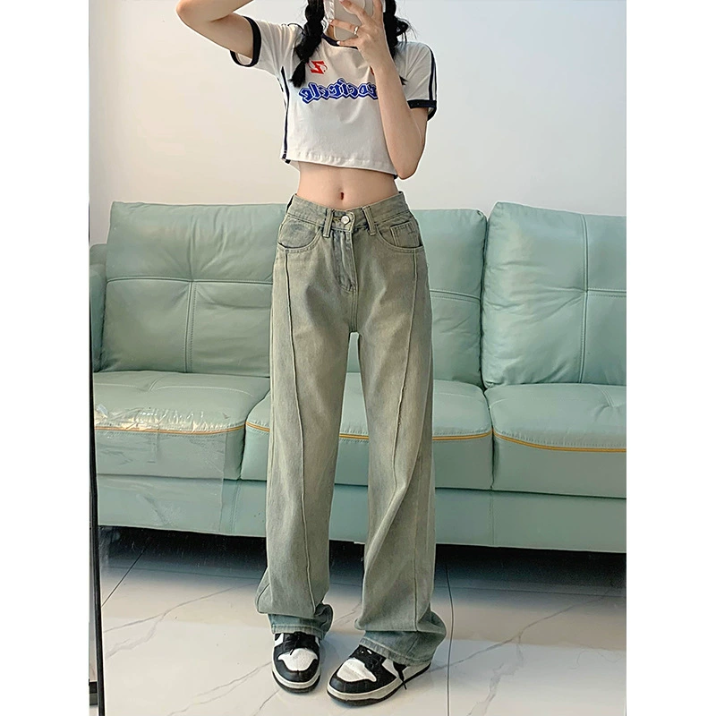Реальный выстрел по реальной цене! Американские уличные старые желтые грязевые мойки с высокой талией ретро джинсы женские свободные прямые брюки
