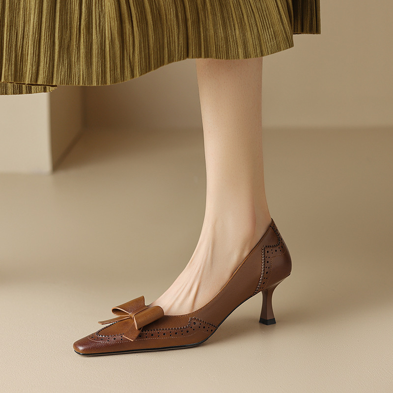 Bow 5.5cm Cowhide High Heels 2025 Spring & Fall Seasons Genuine Leather Shoes Carved Retro Commuter Work Shoes
