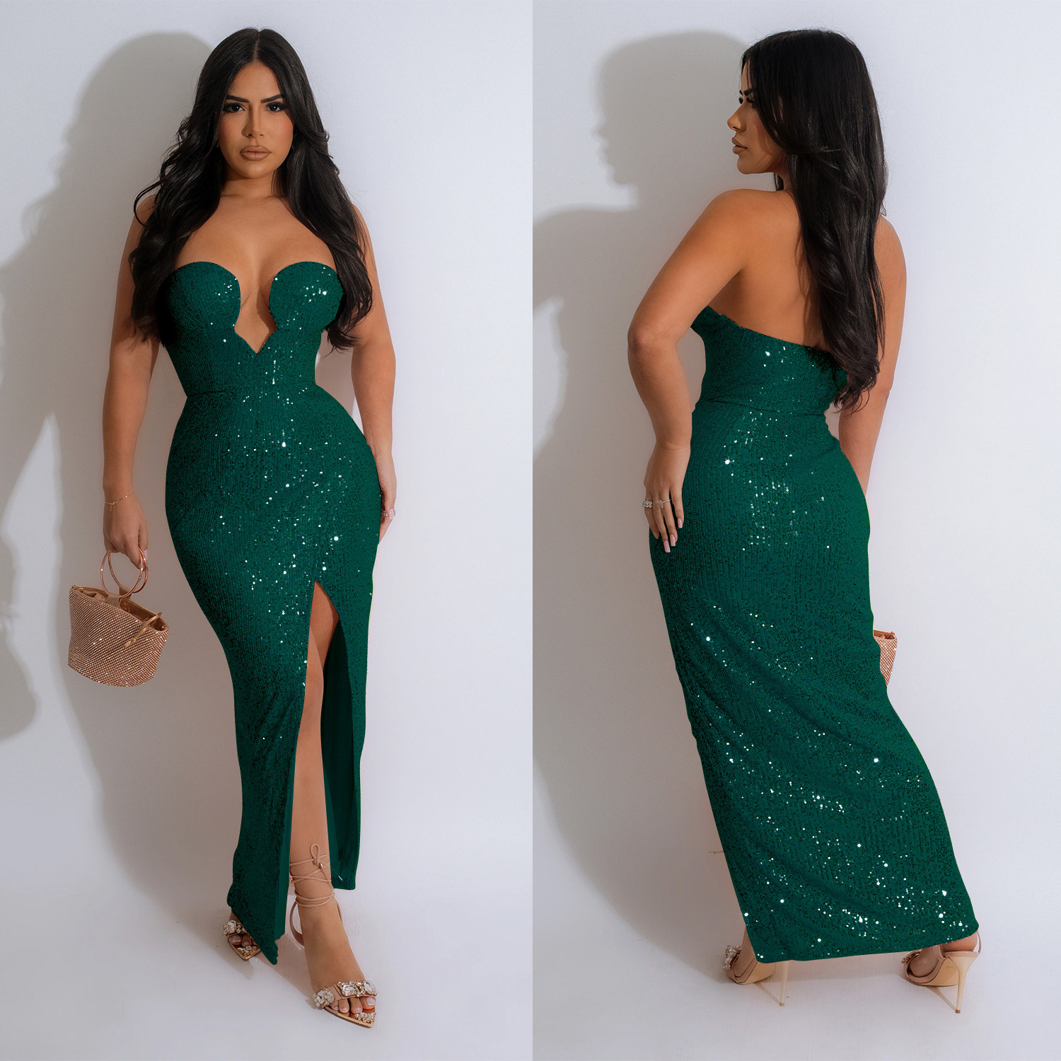 C6782 transfronteriza AliExpress Amazon europeo y americano de las mujeres de moda de color sólido sexy vestido de lentejuelas vestido sin espalda image 4