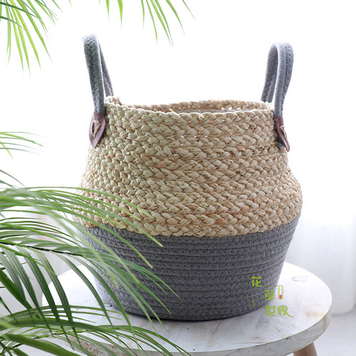 Nordic straw woven rattan decorative flower pots woven flower baskets home furnishings living room pastoral style floor-standing large flower pot gardening