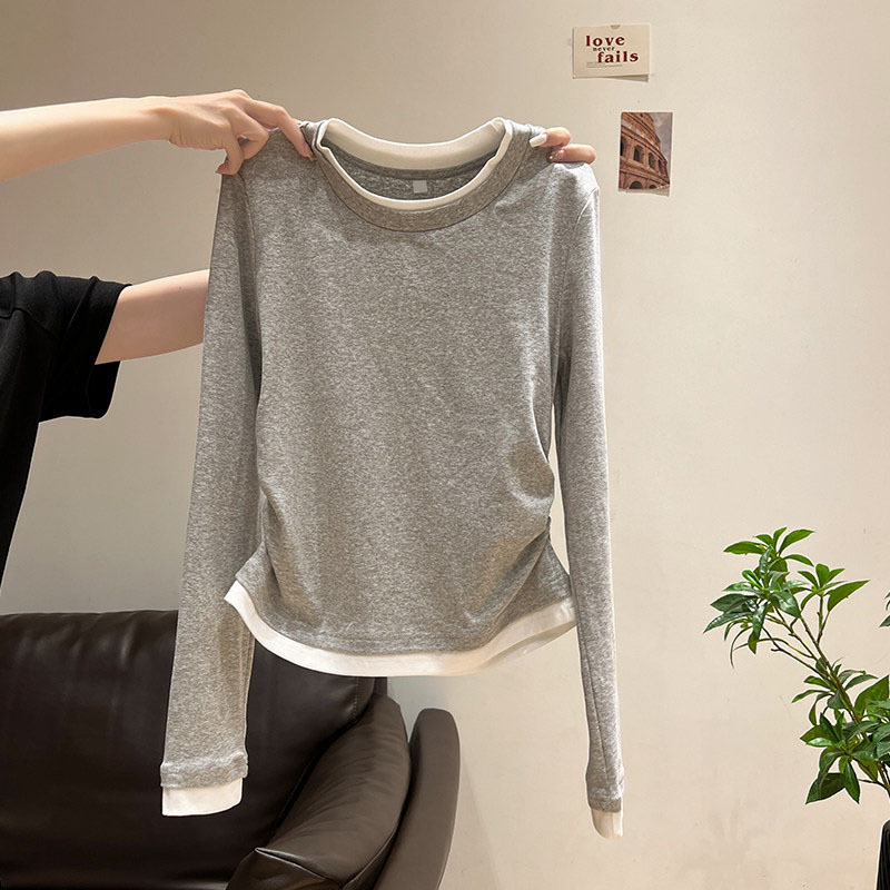 Pure cotton round-neck, regular-shoulder, faux-two-piece long-sleeve T-shirt, women's base shirt, 2026 autumn, pleated waist-cinching inner top Pure cotton round-neck, regular-shoulder, faux-two-piece long-sleeve T-shirt, women's base shirt, 2026 autumn, pleated waist-cinching inner top