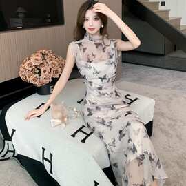 破茧成蝶 新中式印花连衣裙女2026春夏气质优雅改良旗袍长裙子