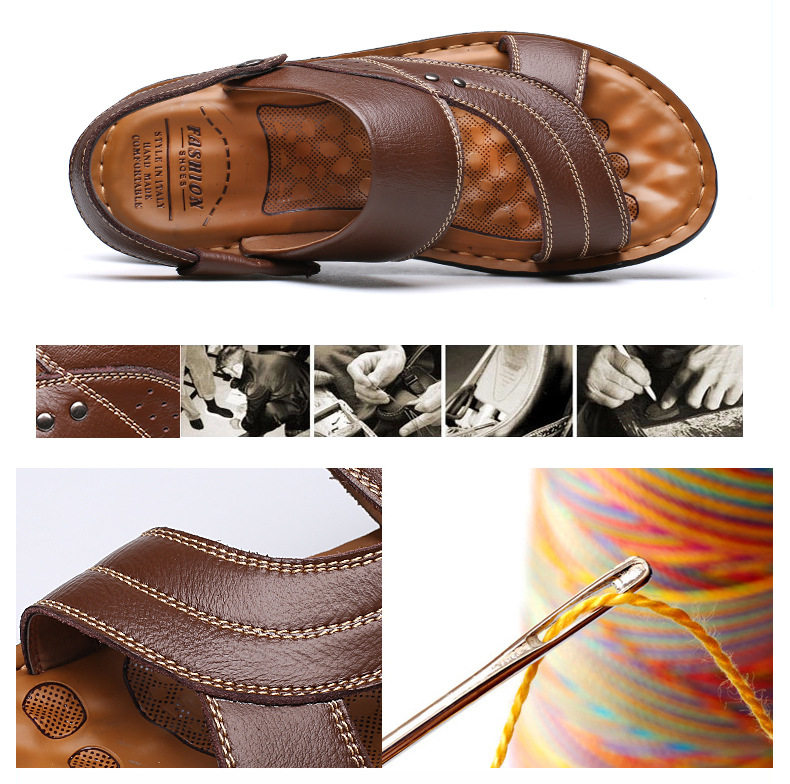 Dép sandal nam da bò thật hở ngón, quai ngang co giãn, đế PU chống trượt thoáng khí đi biển — 10135 đế dày màu nâu, 10135 đế dày màu đen, 12129 màu đen, 12129 vàng nâu chi tiết 7