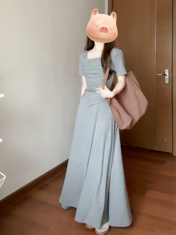 2025新款小个子慵懒风灰色连衣裙子女夏季法式高级感穿搭长裙套装|undefined