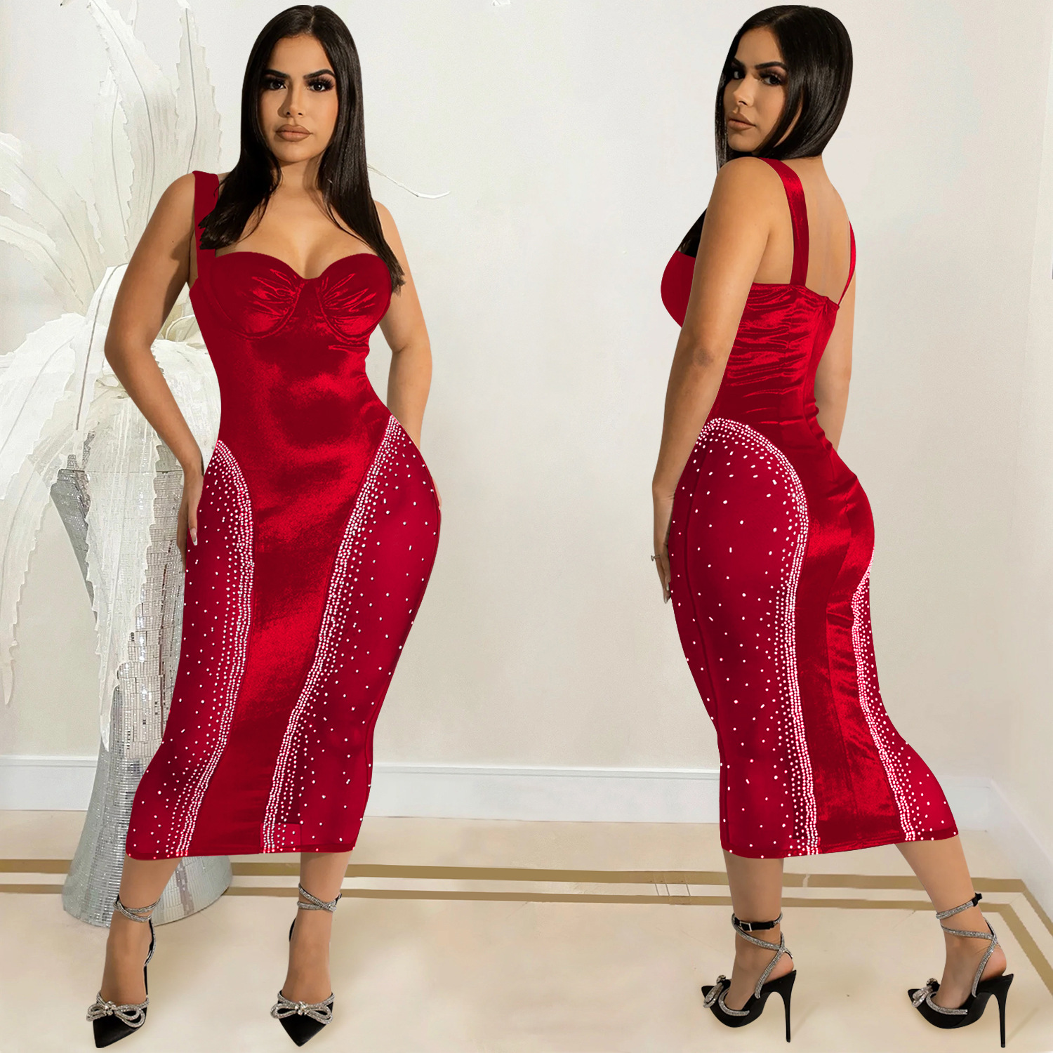 C5906 transfronteriza AliExpress Amazon color sólido sexy Sling envuelto pecho sin espalda apretado vestido de malla elástica image 4