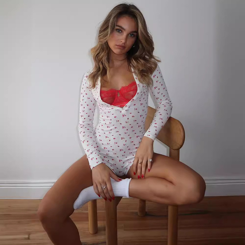 European and American Export Women's Clothing Summer New Fashion Floral Print Long-Sleeved Jumpsuit Casual Versatile Short Jumpsuit