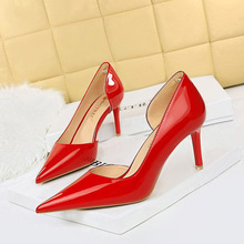 638-A5 Korean Fashion Simple Thin Heel High Heel Bright Lacquer Skin Shallow Mouth Pointed Side Hollow High Heel Shoes Women's Single Shoes