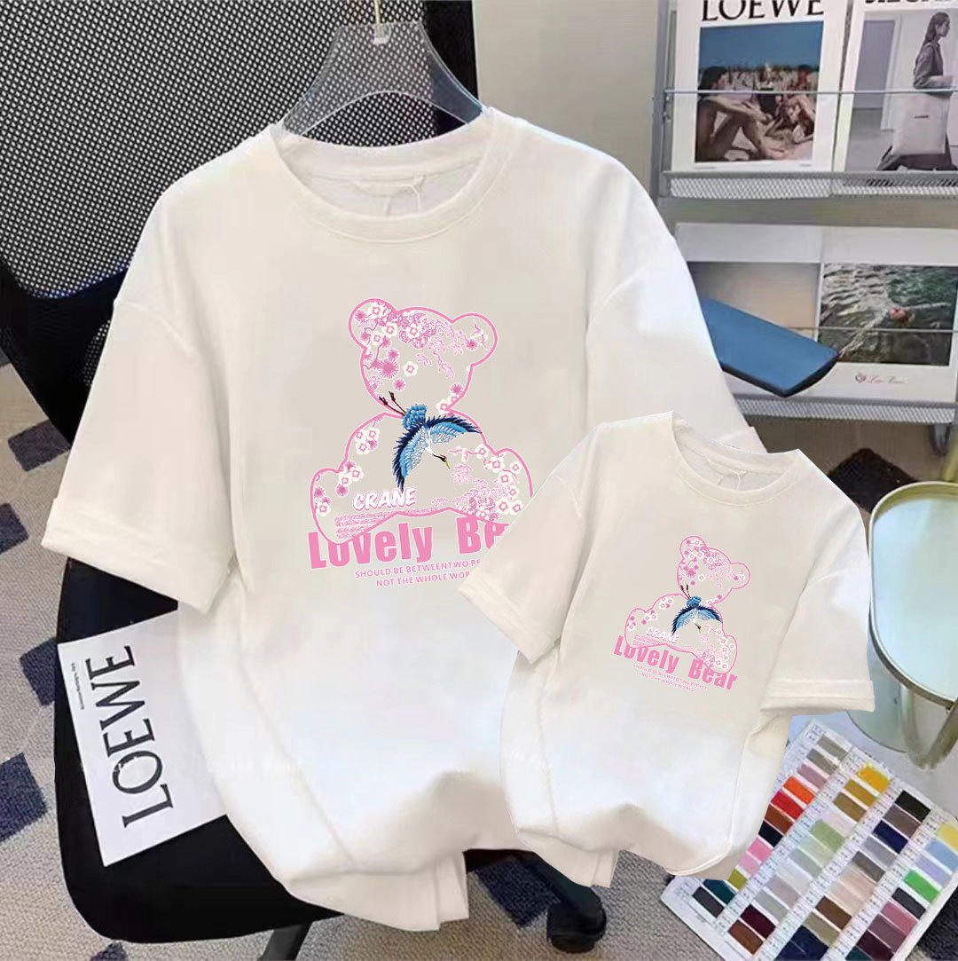 2026 Summer Street Style Chinese-Style Parent-Child Short-Sleeve Outfits for Families of Three or Four, Mother and Daughter, Trendy Chinese Style Bear T-Shirts