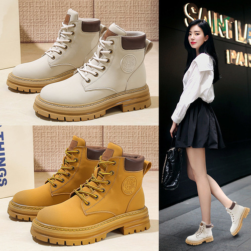 Leather Yellow Boot Women  New Model Fleece Warm Short Boot Thick Sole Inward Heel Retro British Style Martin Boot