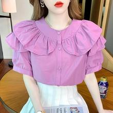 短袖衬衫女装夏季2022年新款宽松甜美减龄时尚洋气时髦娃娃领上衣