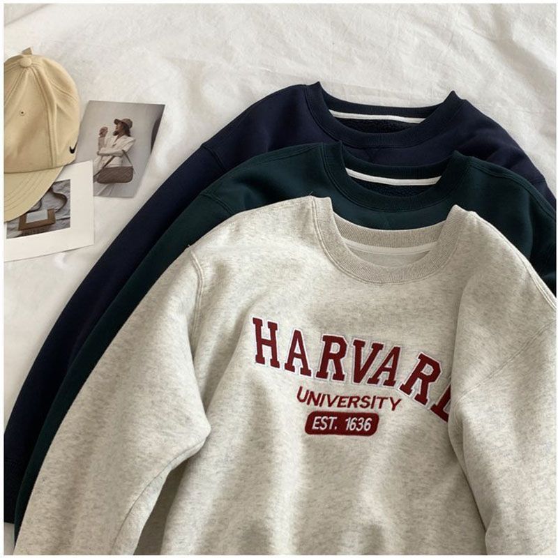 Letter Embroidered Sweatshirt Long-Sleeved Women's Autumn and Winter New Style Gray Round Neck Loose Jacket Trendy