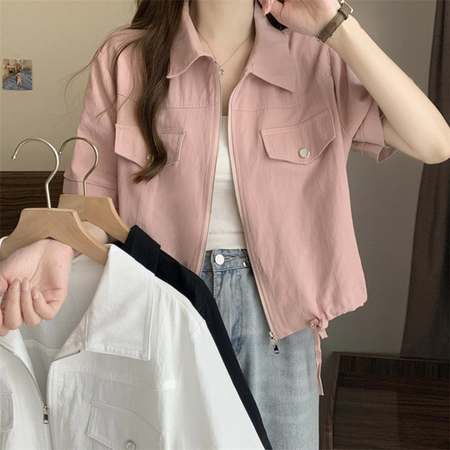 Polo-collared double zipper work-style short-sleeve shirt summer women's American short-length turnover collar jacket top