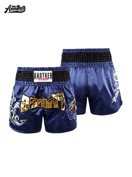 ANOTHERBOXER navy blue Muay Thai shorts with leopard head embroidery, available for men, women, and children