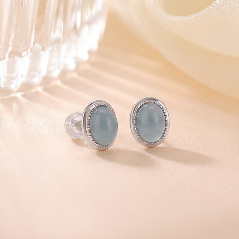 Bông tai bạc S925 đính đá ngọc bích xanh hình trứng đơn giản thanh lịch — Cặp đôi
