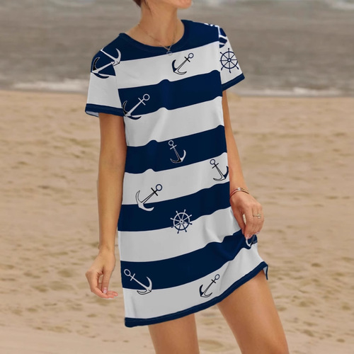 Fashionable Short Sleeve Nautical Stripe Short Sleeve Dress, Stylish and Refined, Slimming and Tailored