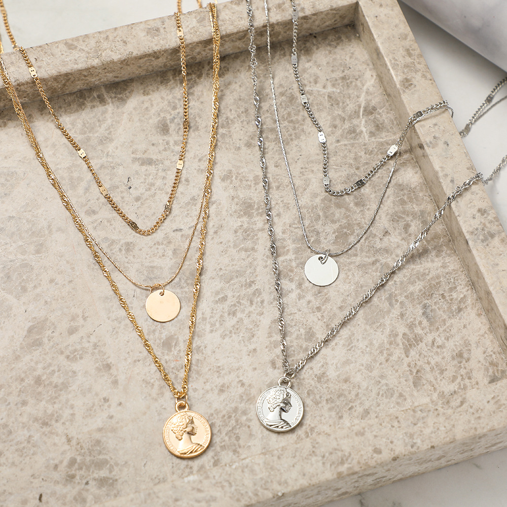 European And American New Alloy Necklace Fashion Simple Disc Pendant Multi-layered Clavicle Chain display picture 7