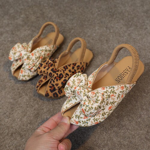 New leopard print girls' summer sandals fish mouth slippers with soft bottom, bowknot head cover, princess style, casual and fashionable