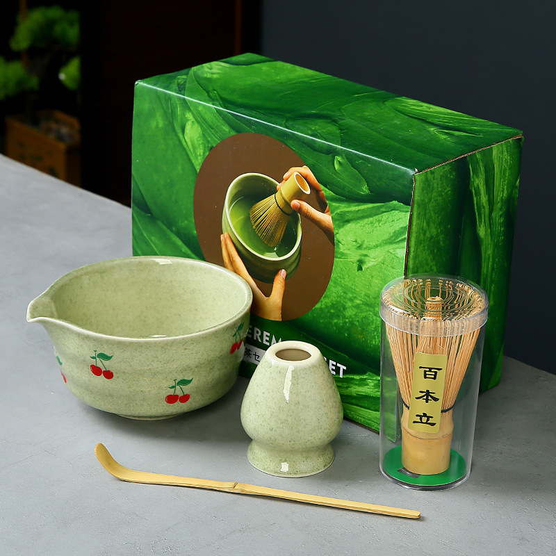 跨境抹茶碗套装樱桃蝴蝶结心形图案花纸陶瓷百本立茶筅点茶系列|undefined