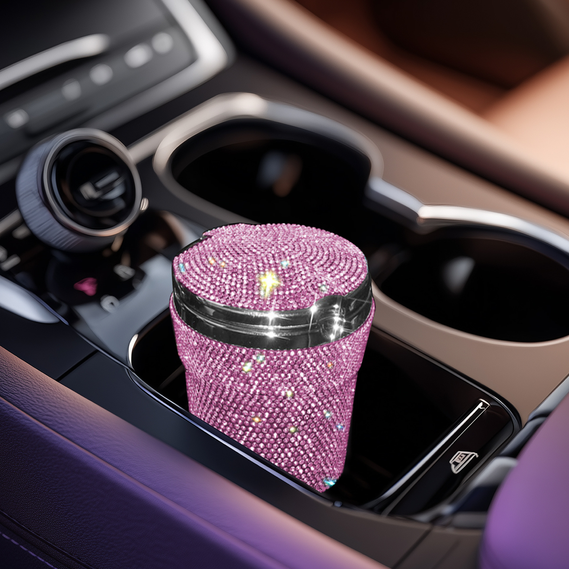 Qìchē Rhinestone Car Ashtray Creative with Lid Vent Hanging LED Light (Car ashtray) - pink