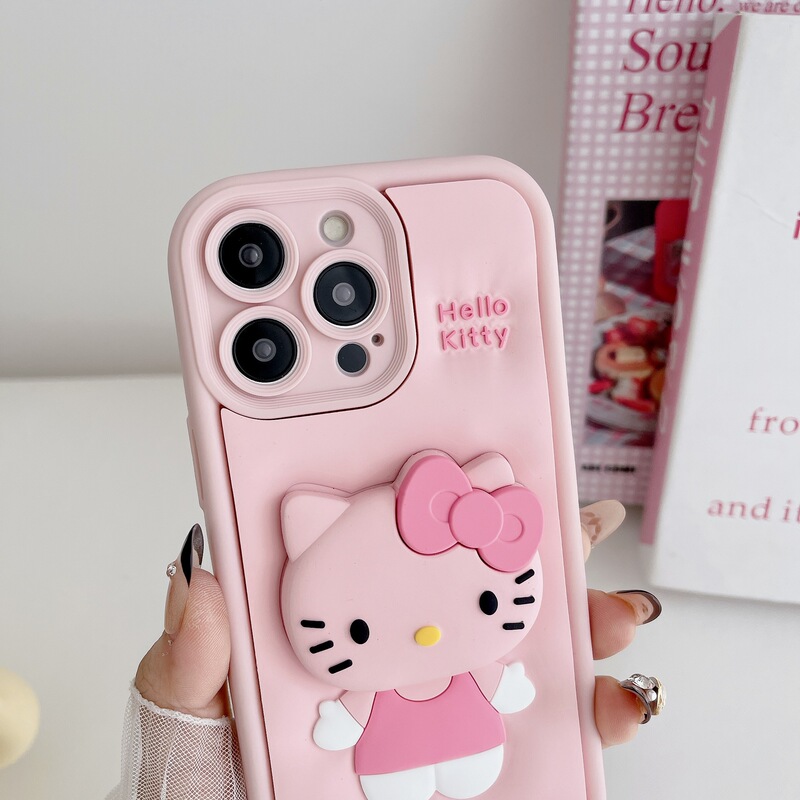 Pink Hello Kitty Silicone Phone Case with Stand Suitable for iPhone Apple Women's Anti-Fall Protective Cover