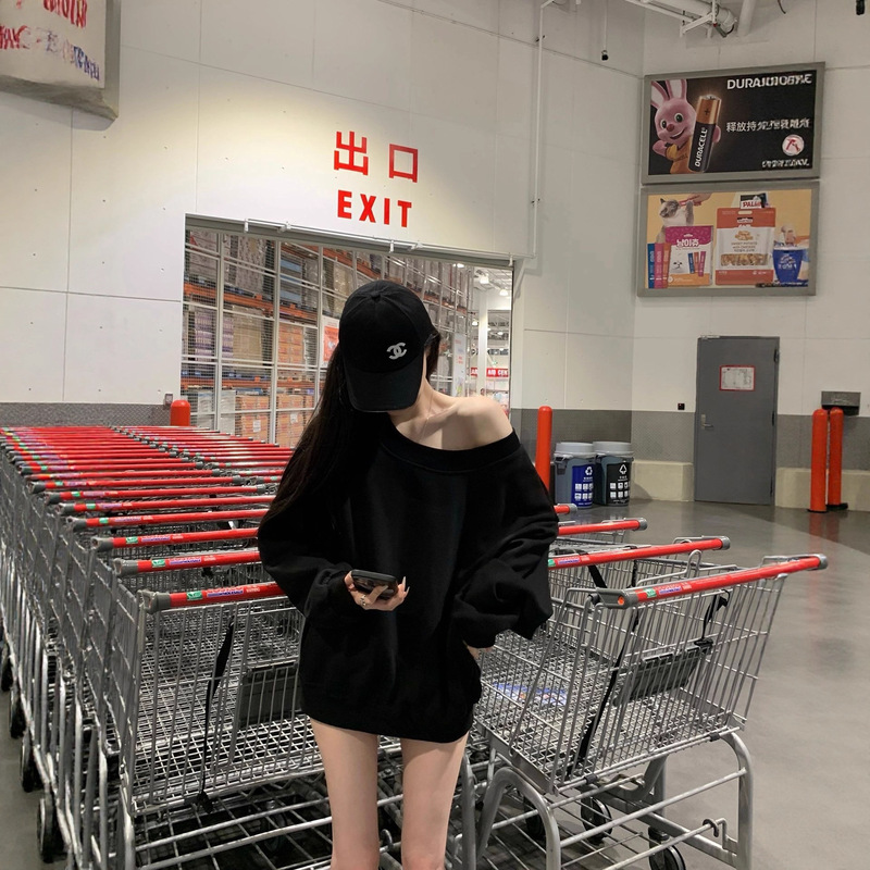 [Original Style + Back Bag] Off-Shoulder Slanted Shoulder Sweatshirt for Women, Loose and Lazy Style Long-Sleeved One-Shoulder Slimming Look Top