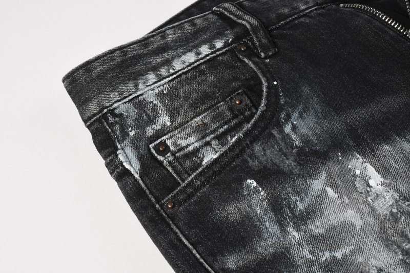 Men's Distressed Slim Fit Jeans Black Grey Washed Denim Pants with Paint Splatter And Knee Rips Streetwear Skinny Trousers_mkmklike.com