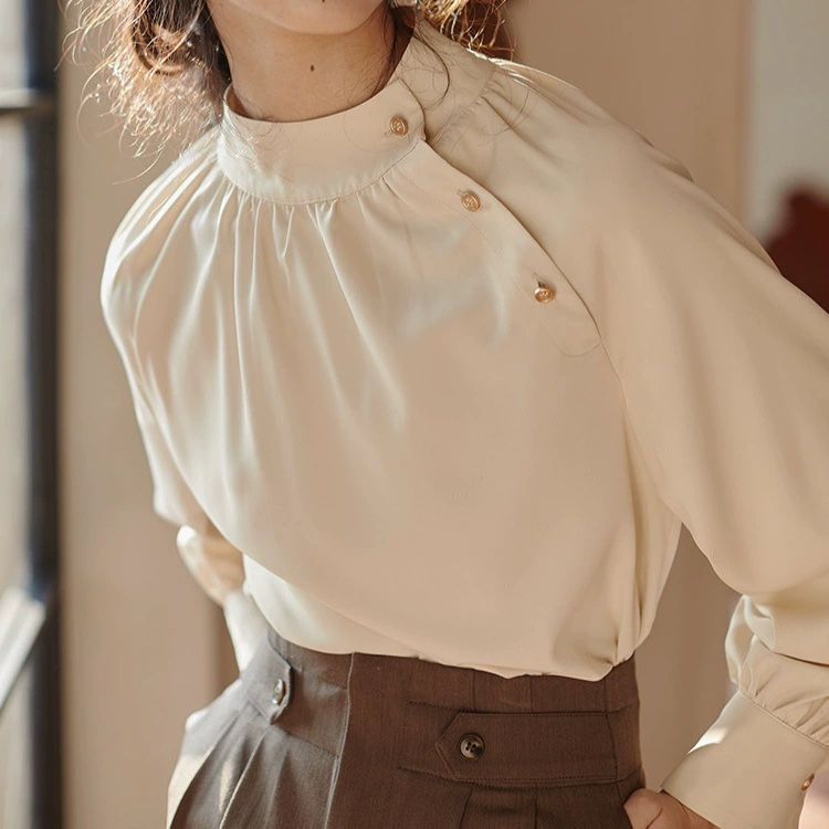 Высокое качество! Французская ретро атласная рубашка с воротником-стойкой и косыми пуговицами для женщин, весенний новый дизайн, модный универсальный топ