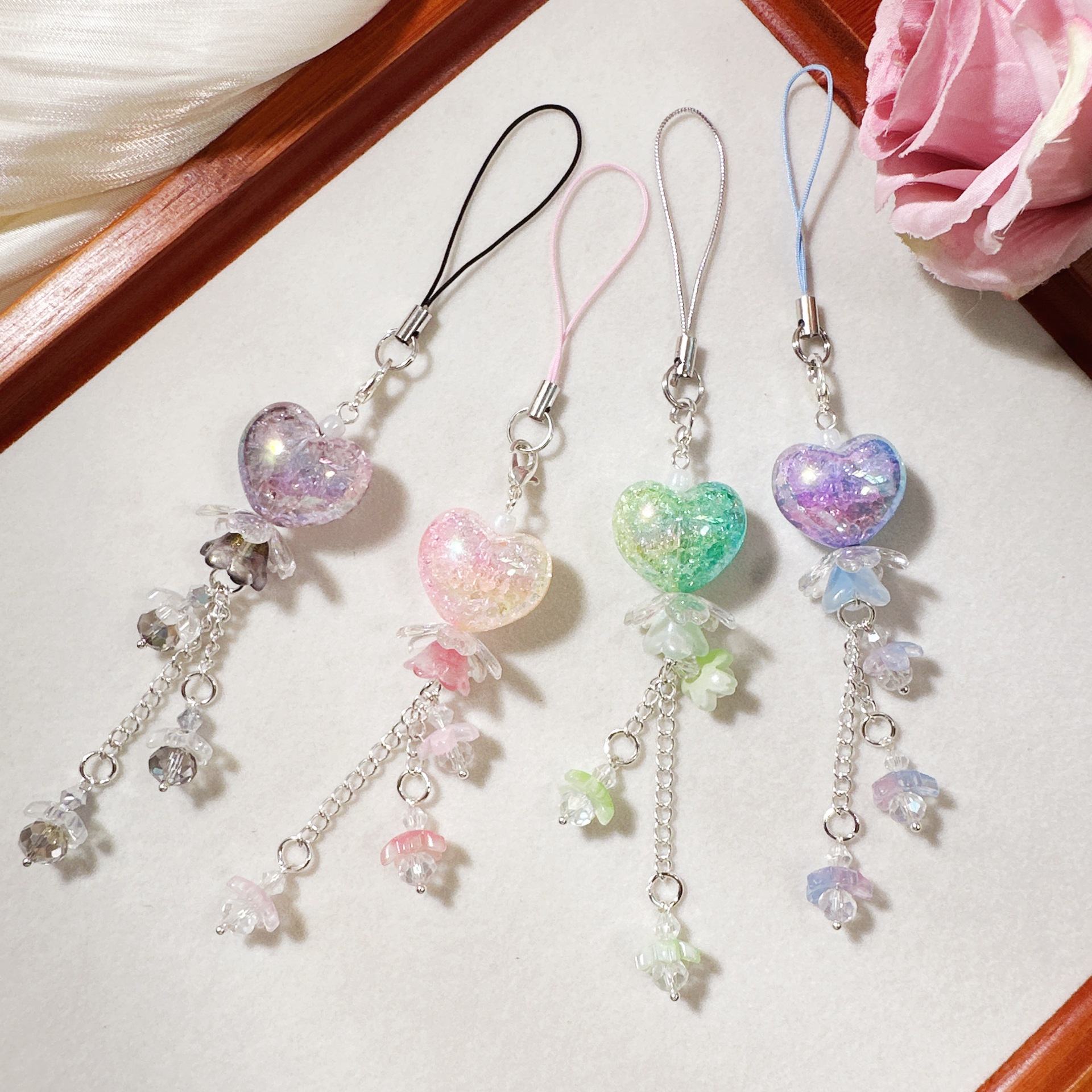 Original Gradient Floral Chubby Heart Flower Pendant Card Holder Bag Chain Phone Chain Keychain