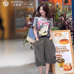 慵懒感随意花色卡通小猫印花T恤女夏季新款休闲百搭短袖网纱上衣