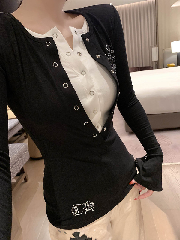 纯欲风十字架烫钻假两件双层打底衫上衣女修身辣妹气质长袖T恤|undefined