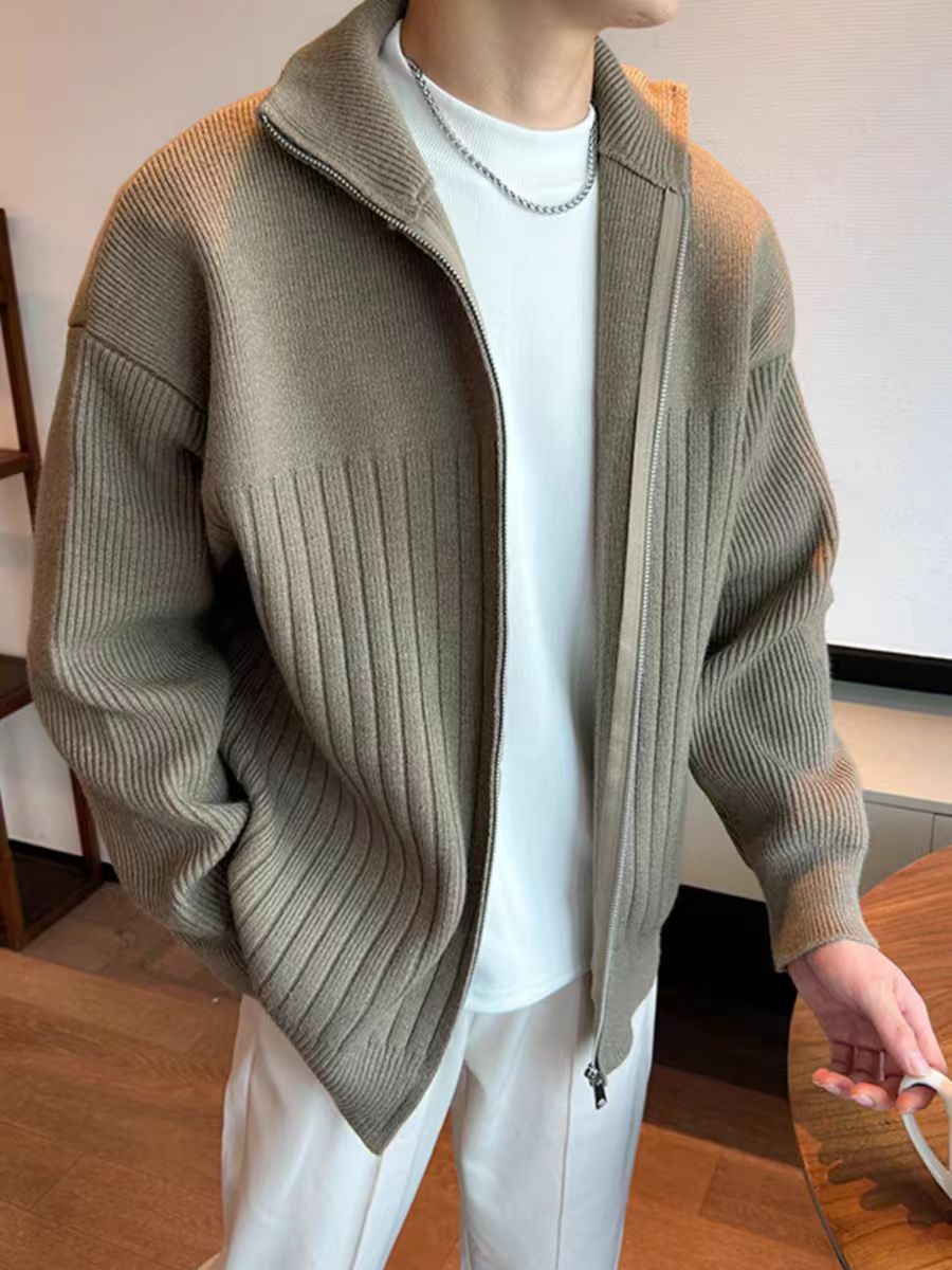 Color sólido retro holga camisa de punto suéter de cuello alto de hombre con cremallera de cuello de moda cardigan chaqueta de alta calidad simple