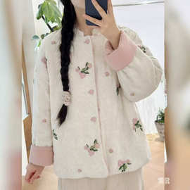棉麻刺绣夹棉双面穿外套棉衣女 2026冬复古宽松立领盘扣薄棉服