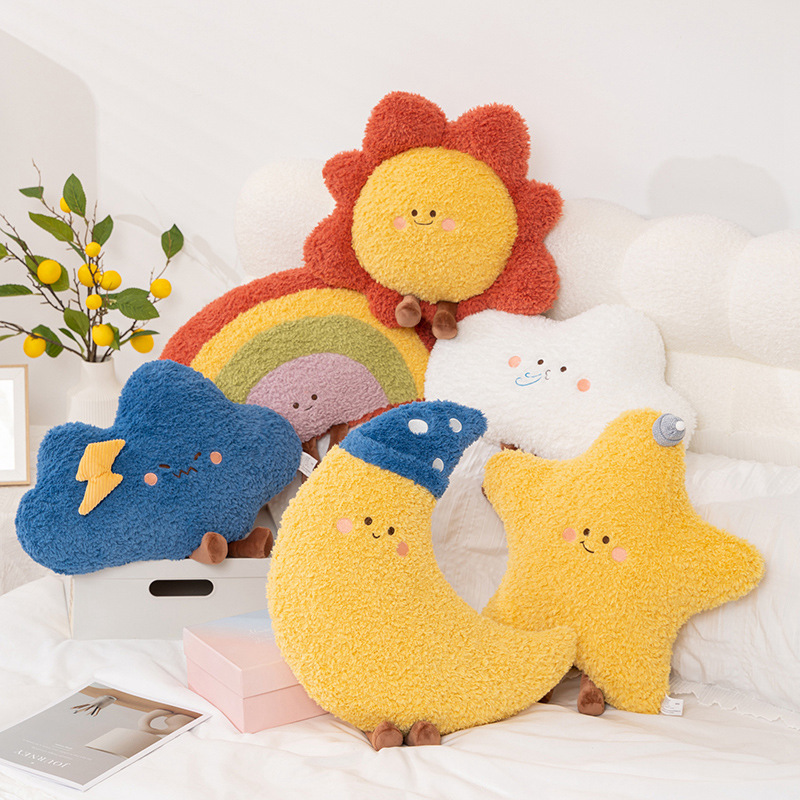 Arco iris luna sol estrellas almohada lindo sofá cojín regalo juguetes de peluche emoticona divertida al por mayor