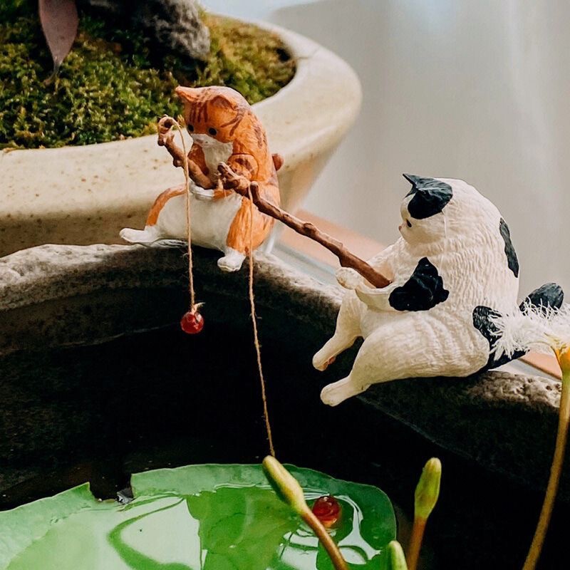 Kitten fishing ornaments fish tank landscape Meow fishing good weather leisure Cat Fishing cat hanging decorations