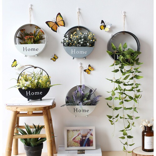 Wholesale European creative iron art round wall hanging simple living room wall decoration storage flower basket wall hanging