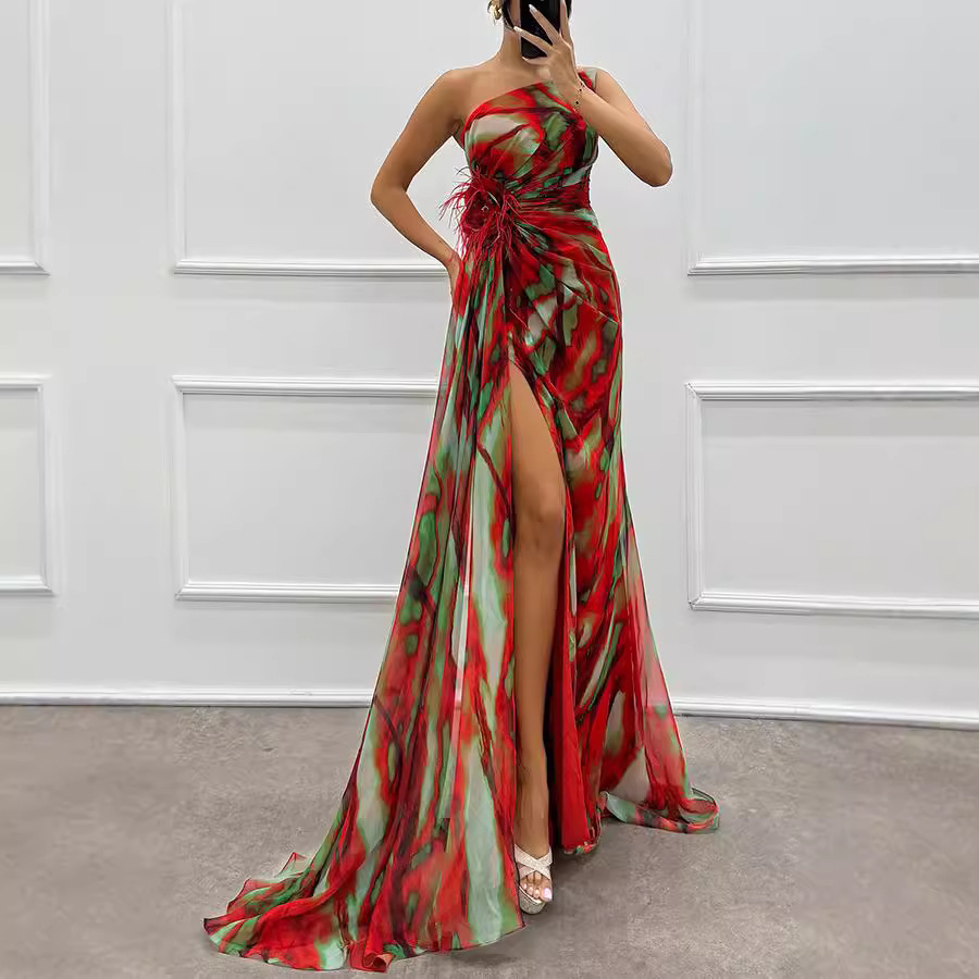 Women's Clothing chiffon printed slit dress casual party long women's dress_voghion.com