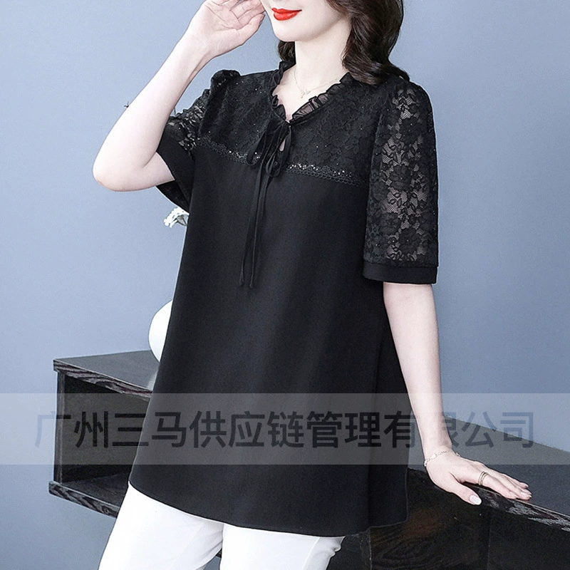 Летняя легкая зрелая высококачественная кружева свободного размера плюс пуговица с короткими рукавами дикого шифоновая рубашка топ для женщин среднего возраста