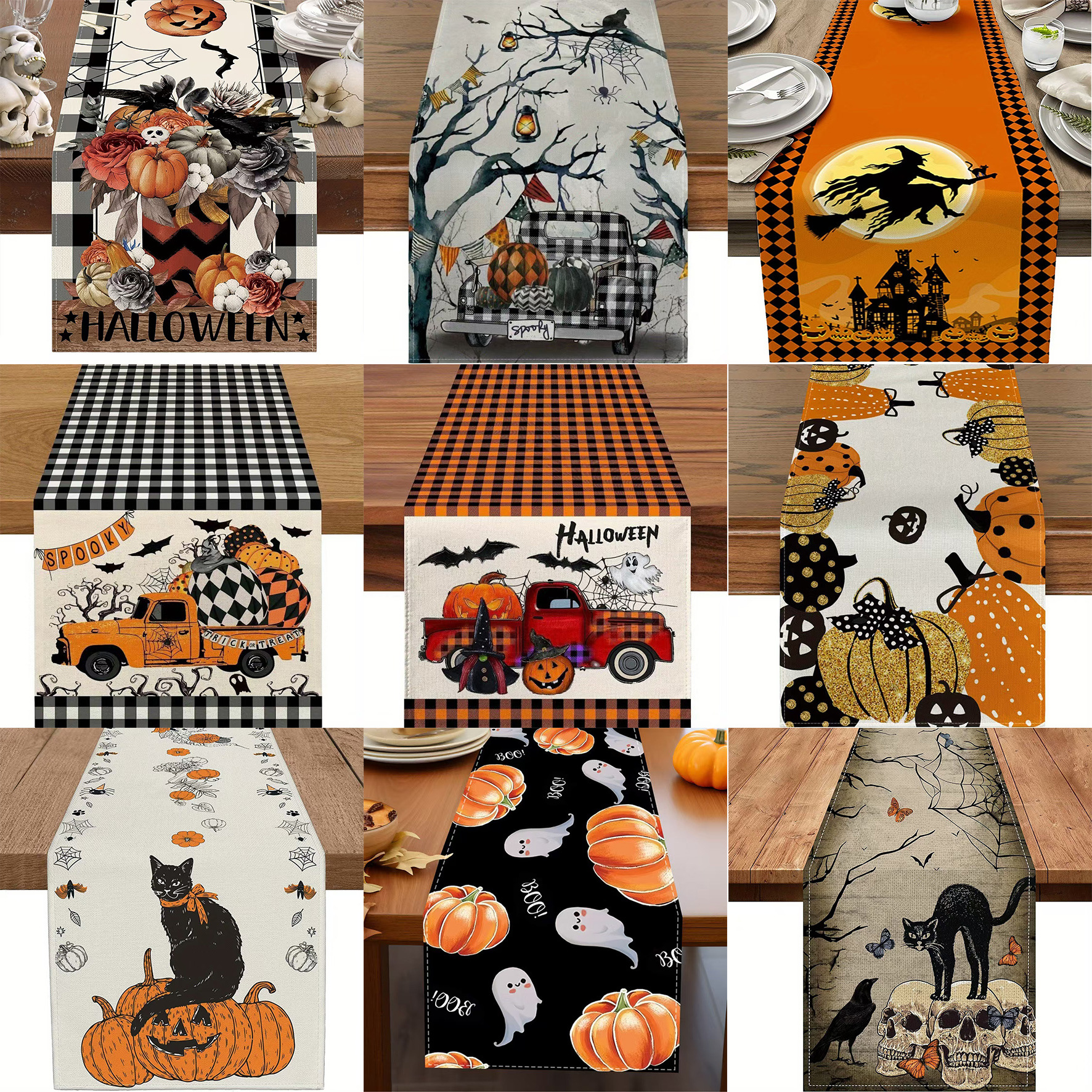 Transfronterizo 2024 Amazon nuevo Halloween calabaza fantasma gato negro lino tabla bandera de mesa mesa de comedor bandera de té